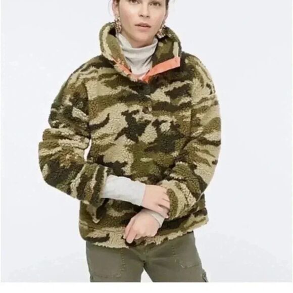 J. Crew fleece Sherpa Snap Collar Sweatshirt Camo jacket gorpcore medium - Picture 1 of 10